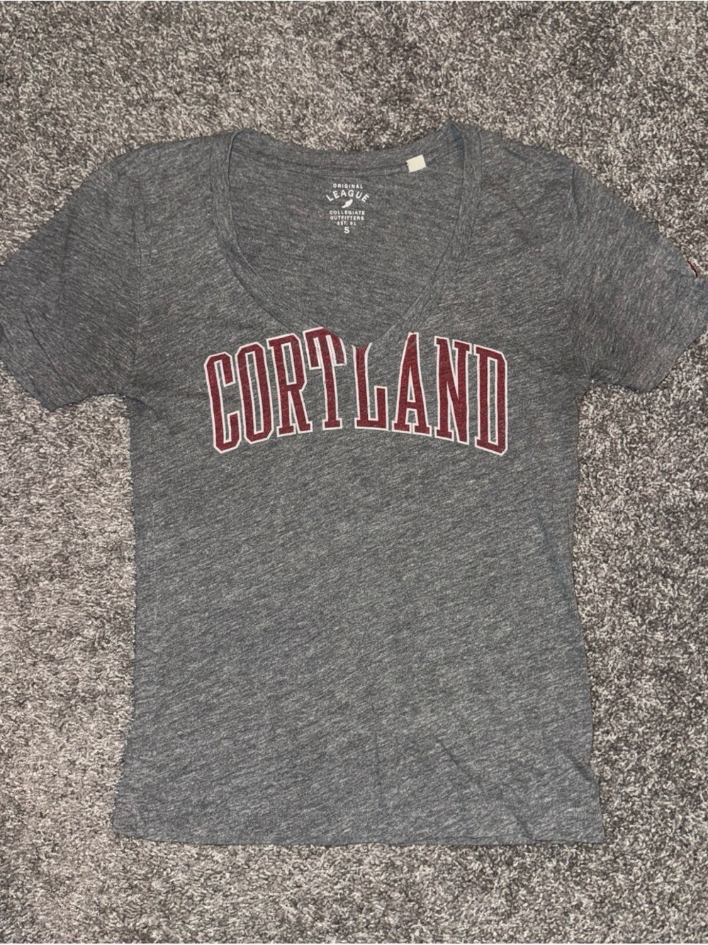 Women's Heather Gray V-Neck Tee with Maroon Lettering